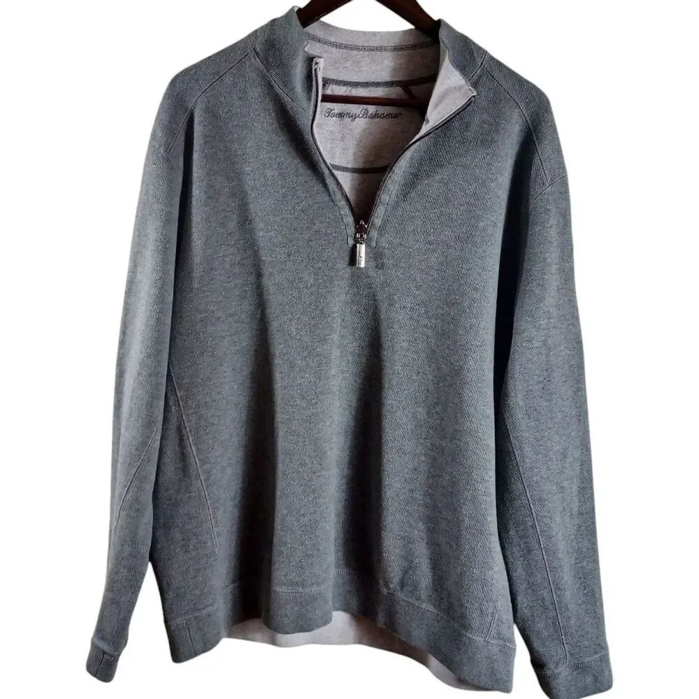 Tommy Bahama Sz L Reversible 1/4 Zip Pullover Sweatshirt Gray Resortwear Sweater